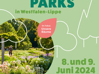 Plakat mit Naturfoto und Schriftzug "Tage der Gärten und Parks in Westfalen-Lippe"