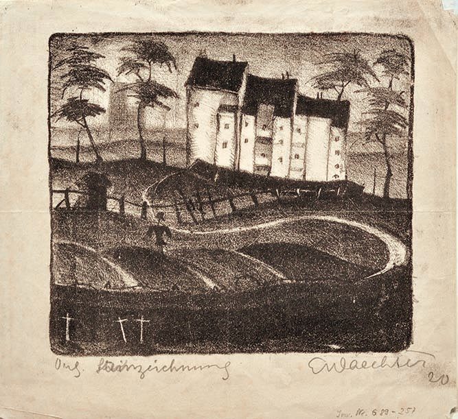 Schwarzweißes Bild mit hohen stilisierten Häusern und Feldern im Vordergrund.