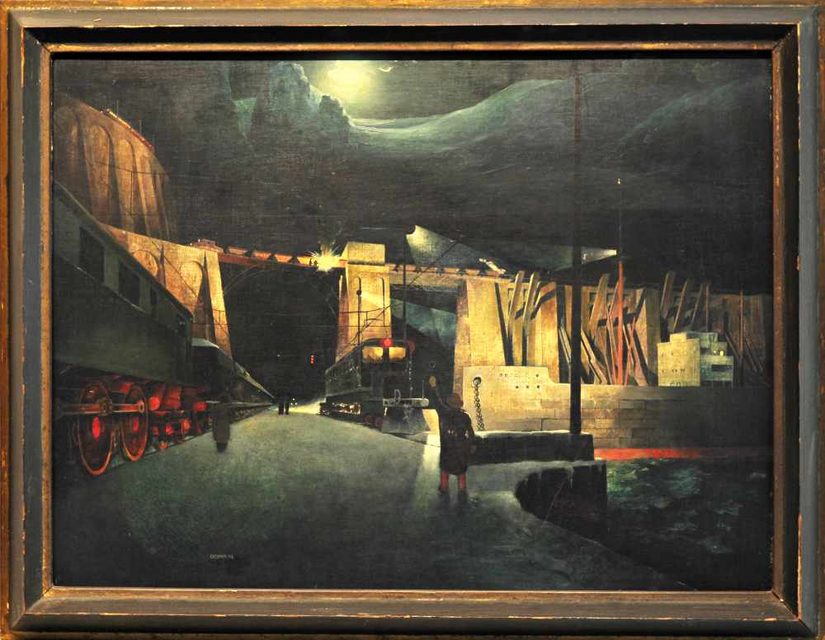 Gemälde einer Eisenbahnbrücke im Aufbau bei Nacht