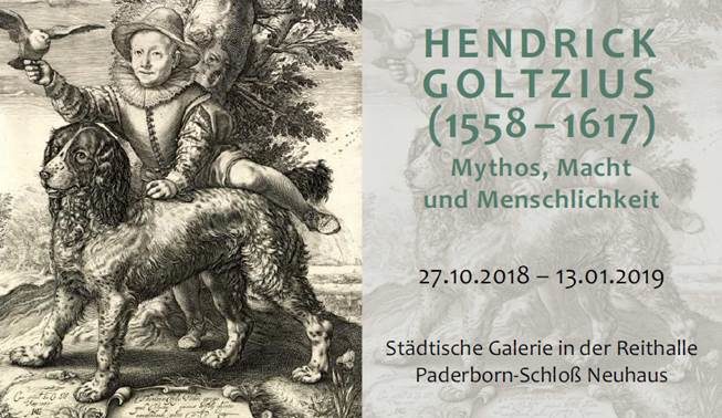 Ausstellungsplakat zur zu "Hendrick Goltzius" mit einer schwarzweiß Zeichnung eines Jungen, der halb auf einem Hundsitzt.