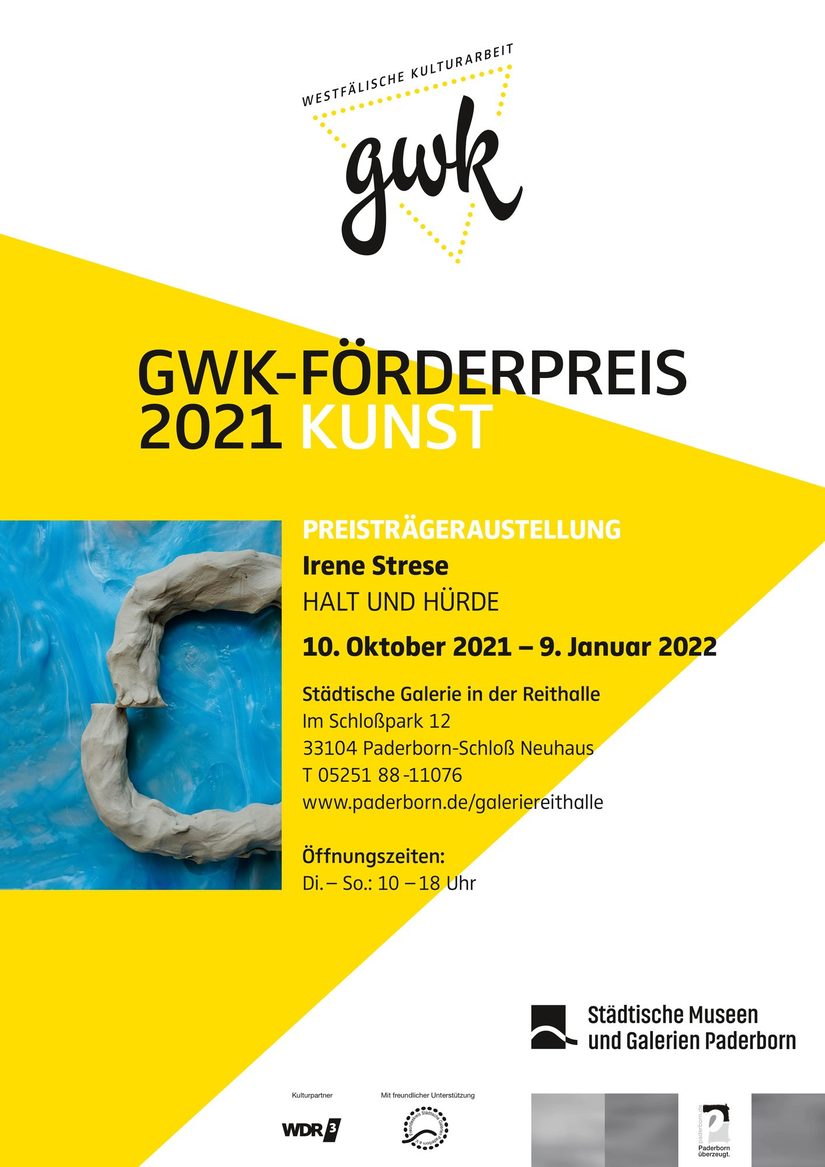 Plakat GWK-Förderpreis 2021 Kunst: Angegeben sind die Ausstellungsdaten mit einem Foto einer ungebrannten Keramikrolle.