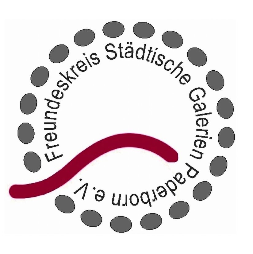 Logo Freundeskreis: Der kreisförmige Schriftzug "Freundeskreis Städtische Galerien Paderborn e.V. ist umgeben von grauen Ovalen, durch die sich von rechts eine rote Linie in die Mitte des Kreises zieht.