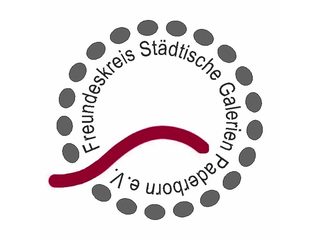 Logo Freundeskreis: Der kreisförmige Schriftzug "Freundeskreis Städtische Galerien Paderborn e.V. ist umgeben von grauen Ovalen, durch die sich von rechts eine rote Linie in die Mitte des Kreises zieht.