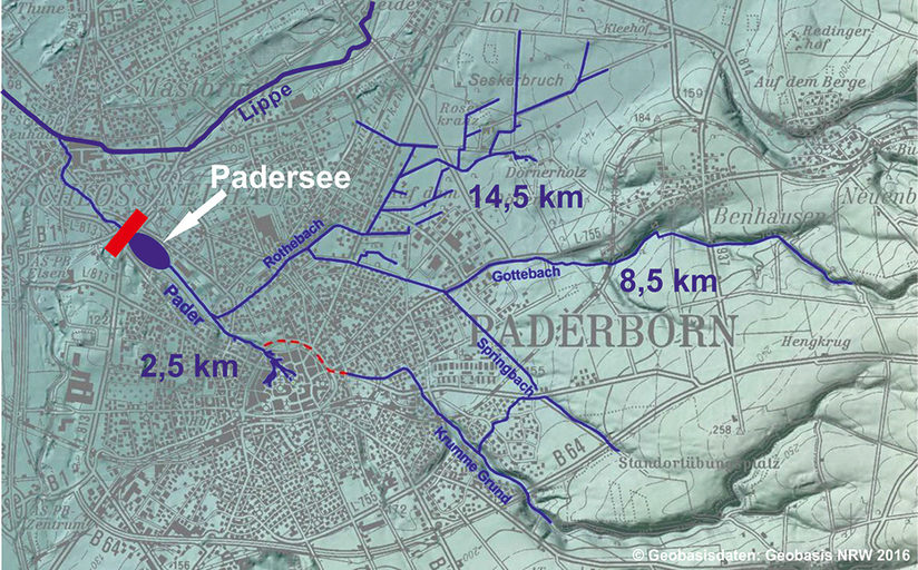 Kartendarstellung Padersystem mit Fließgewässerlängen