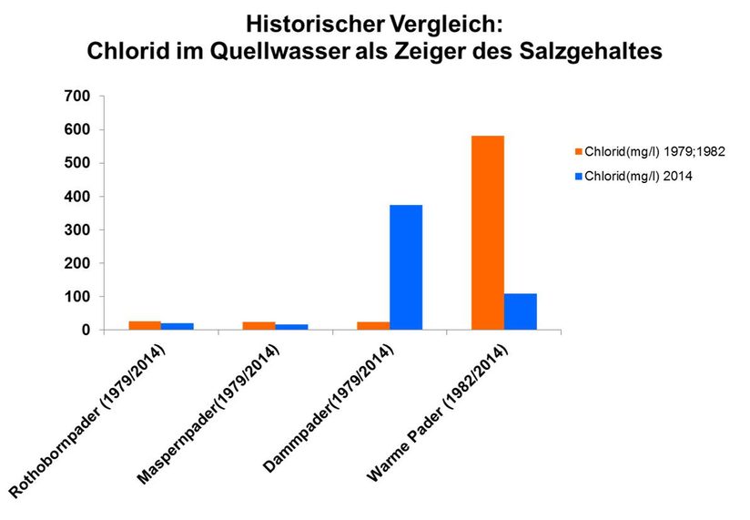 Der Chlorid-Gehalt als Salz-Zeiger ist in der Dammpader deutlich höher als in Maspern- und Rothobornquelle.