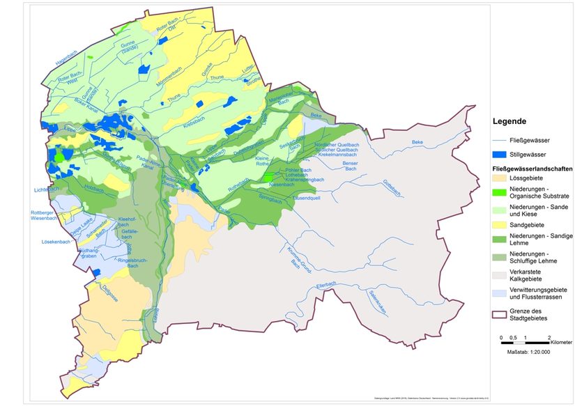 Karte der Fließgewässerlandschaften in Paderborn