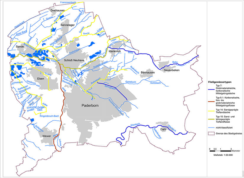 Karte der LAWA-Fließgewässertypen in Paderborn