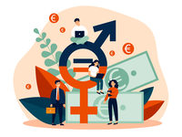 Das Symbol für Gleichstellung umringt von Frauen und Männern und Eurozeichen