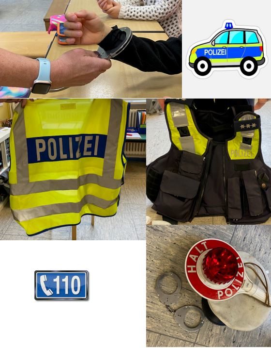 Polizeiausrüstung, Polizeiauto und Notrufnummer