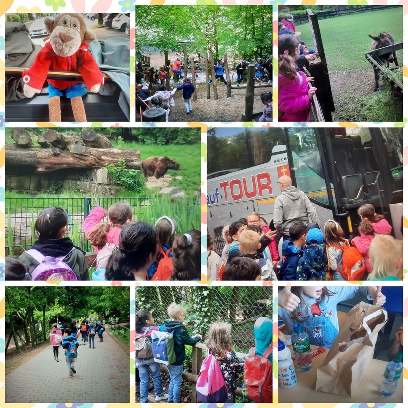 Das Foto zeigt eine Collage des Tierparks. Auf einem Foto ist das Klassenmaskottchen zu sehen. Ein Foto zeigt, wie die Kinder in den Bus steigen. Ebenso sind die Kinder von hinten zu sehen, wie sie verschiedene Tierkäfige anschauen.