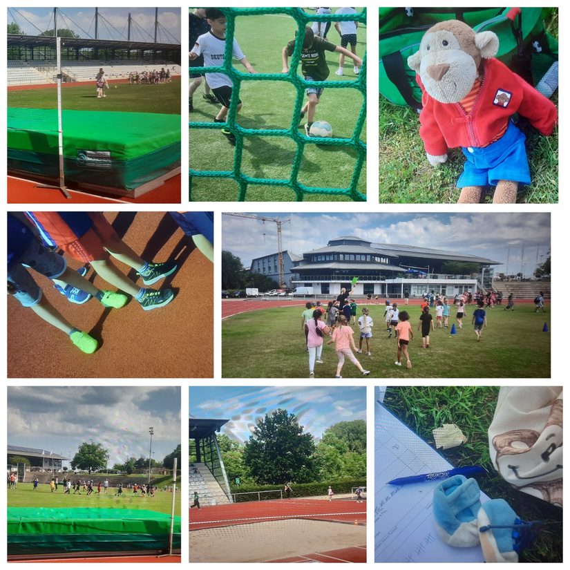 Eine Collage des Sportfestes aus acht Bildern. Es ist die Sprungmatte zu sehen, die Kinder vor dem Ahorn Sportpark, das Tor, die Sprunggrube und die spielenden Kinder.