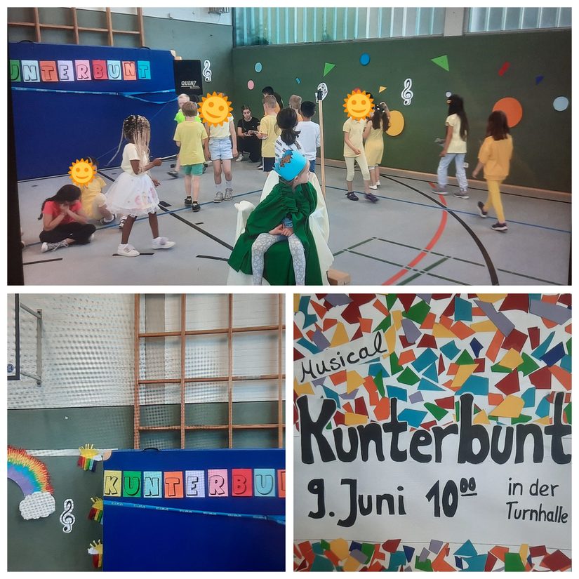 Eine Collage der Aufführung "Kunterbunt" ist mit drei Bildern zu sehen. Ein Bild stellt die Farbenfrohe Dekoration dar, auf einem Bild ist die Einladung, das letzte Bild zeigt Kinder der Aufführung.