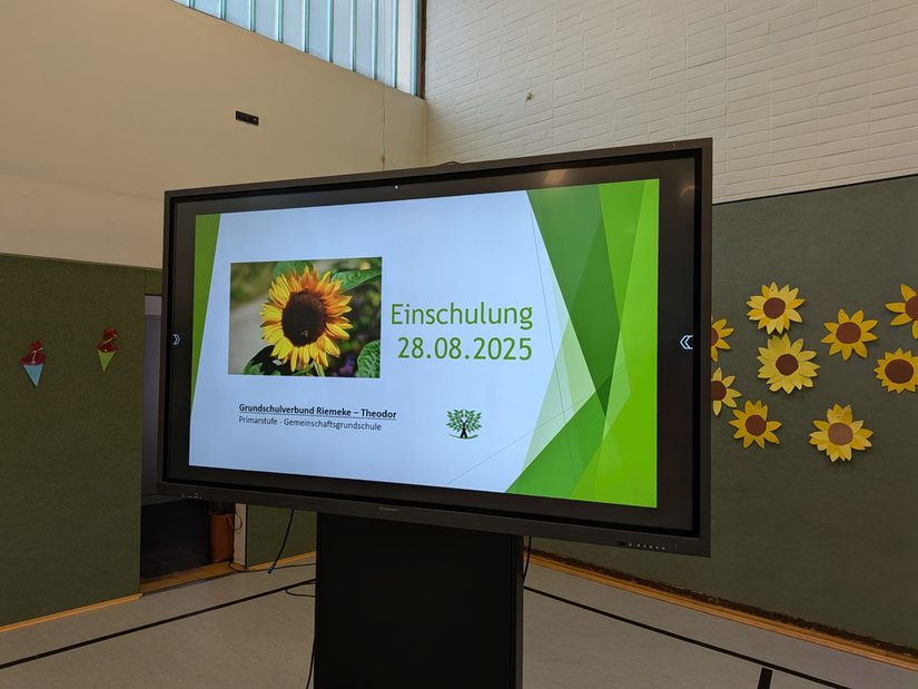 Whiteboard mit Sonnenblumen und etwas Deko ist zu sehen. Darauf der Spruch "Einschulung"