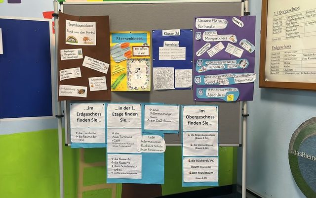 Pinnwand mit den verschiedenen Themen im Aulabereich.