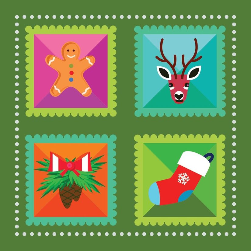 Bild mit Keksen, Weihnachtssocke, Tannenzweigen und Rentier