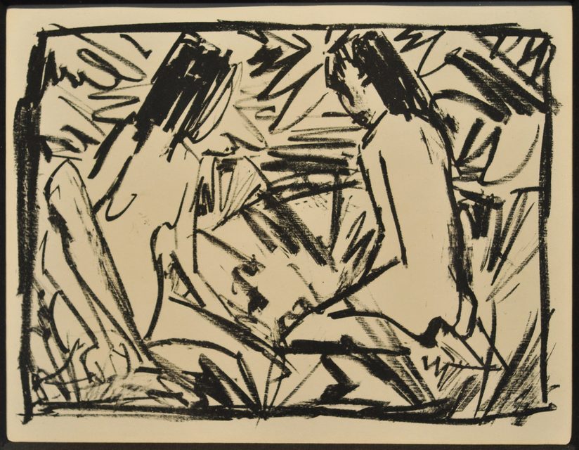 Lithographie mit zwei nackten Frauen, die auf dem Boden sitzen.