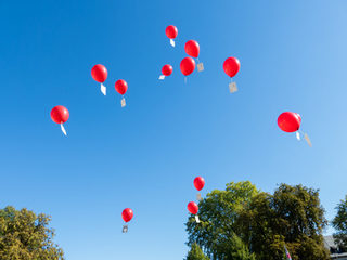 Rote Ballons vor blauem Himmel