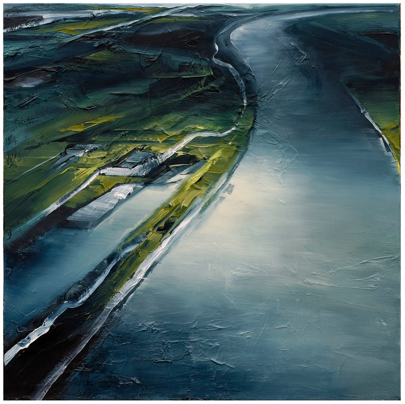 Die Malerei zeigt eine grüne Landschaft, welche von einem Fluss durchbrochen wird. Die Farben sind dunkel gehalten mit einigen Lichtpunkten, die das Sonnenlicht repräsentieren
