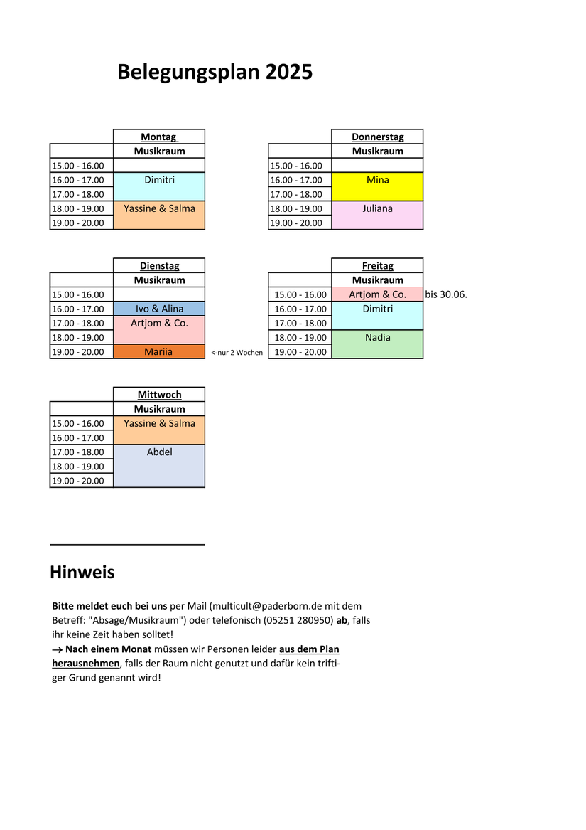 Belegungsplan Musik