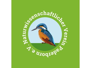 Ein gemalter Eisvogel, der kreisförmig mit "Naturwissenschaftlicher Verein Paderborn e.V." umgeben ist. Der Hintergrund ist grün.