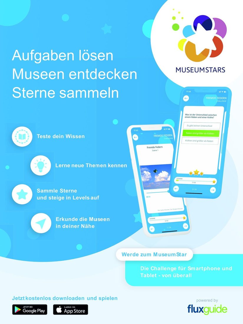 Hellblaues Infoplakat zur App Museumstars.