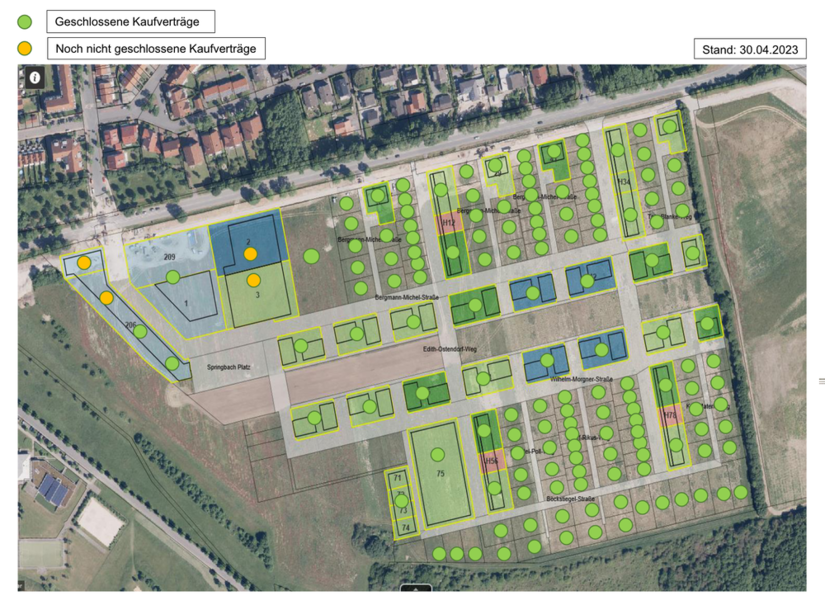 Das Bild zeigt ein Luftbild des baugebiets Springbach Höfe, auf dem abgebildet ist, für welche Grundstücke bereits Kaufverträge abgeschlossen wurden.