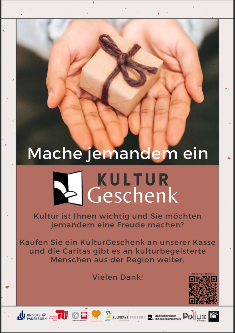Plakat für das Kulturgeschenk mit Beschreibung des Angebots und dem Foto von einem kleinen braunen Geschenkpaket, das auf offenen weißen Händen liegt.