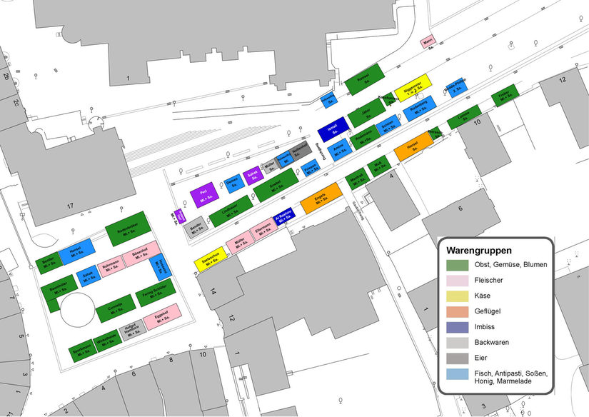 Standplan Wochenmarkt Beschreibung siehe unten.