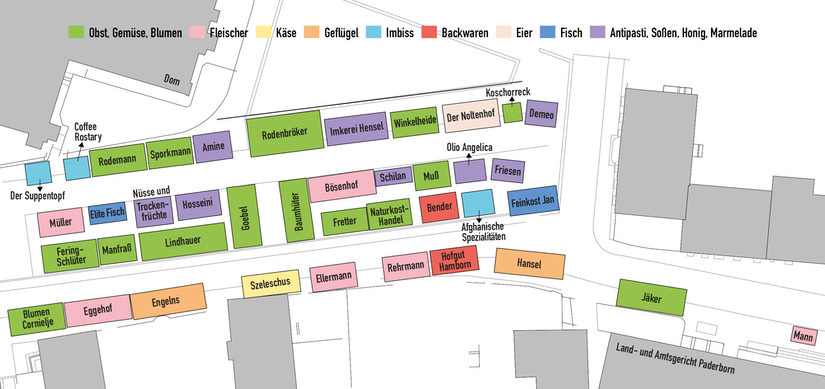 Standplan der Marktstände. Beschreibung Für Sehbehinderte siehe unten.