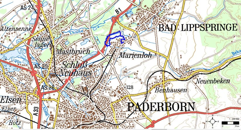 Lageskizze Marienloher Lipperundweg (Kartengrundlage: Amtl. topograf. Karte © Geobasisdaten: Land NRW, vertreten durch Bez.-Reg. Köln, Abt. Geobasis NRW)