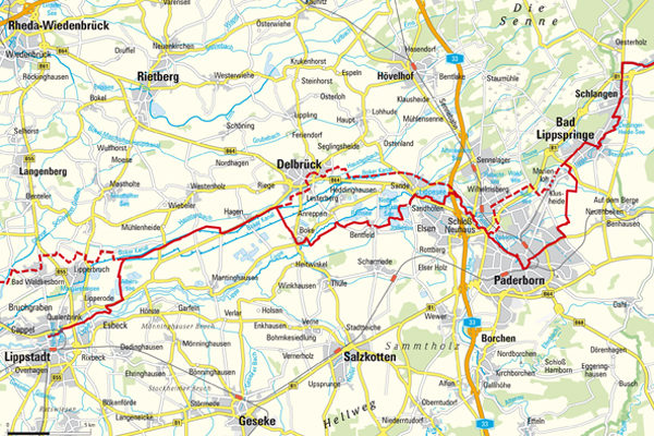 Verlauf der Römer-Lippe-Route im Paderborner Land