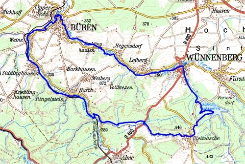Lageplan Auen-Radweg (Kartengrundlage: Amtl. topograf. Karte © Geobasisdaten: Land NRW, vertreten durch Bez.-Reg. Köln, Abt. Geobasis NRW)