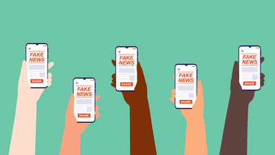 Group Of Diverse Hands Holding Smartphone With Fake News Online. Disinformation, Lies And, Propaganda.