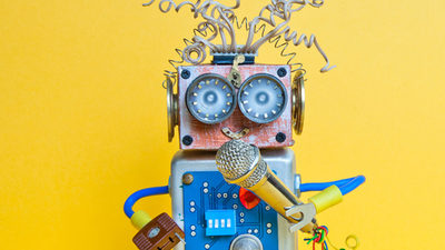 Friendly robot with microphone, singing song. Music lecture performance poster design. Smiley face cyborg toy, yellow background, copy space