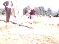 Ein verschwommenes Bild einer Familie, die auf einer Wiese steht