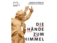 Es ist eine Ausstellungsgrafik der neuen Sammlungspräsentation im Diözesanmuseum Paderborn. Darauf zu sehen der Titel der Ausstellung sowie der Erzengel Gabriel als sandfarbene Skulptur