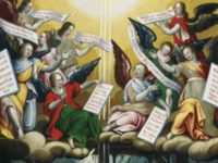 Ein buntes Bild, welches viele Engel zeigt, die Botschaften in den Händen tragen in lateinischer Sprache