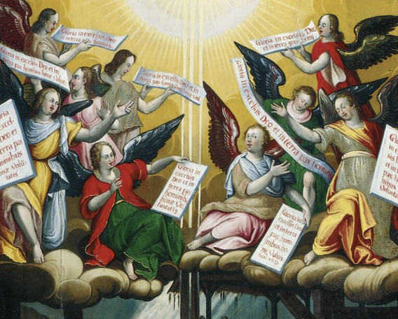 Ein buntes Bild, welches viele Engel zeigt, die Botschaften in den Händen tragen in lateinischer Sprache