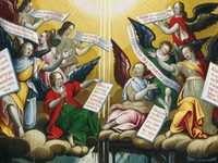 Ein buntes Bild, welches viele Engel zeigt, die Botschaften in den Händen tragen in nicht-deutscher Sprache