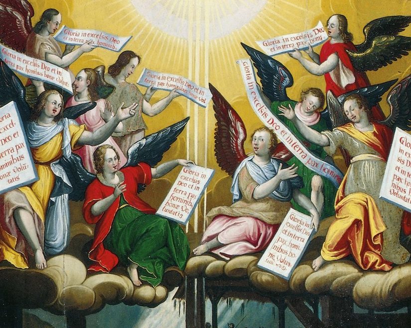 Ein buntes Bild, welches viele Engel zeigt, die Botschaften in den Händen tragen in lateinischer Sprache