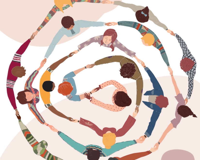 Eine Zeichnung von Menschen, die sich alle an den Händen halten im Kreis