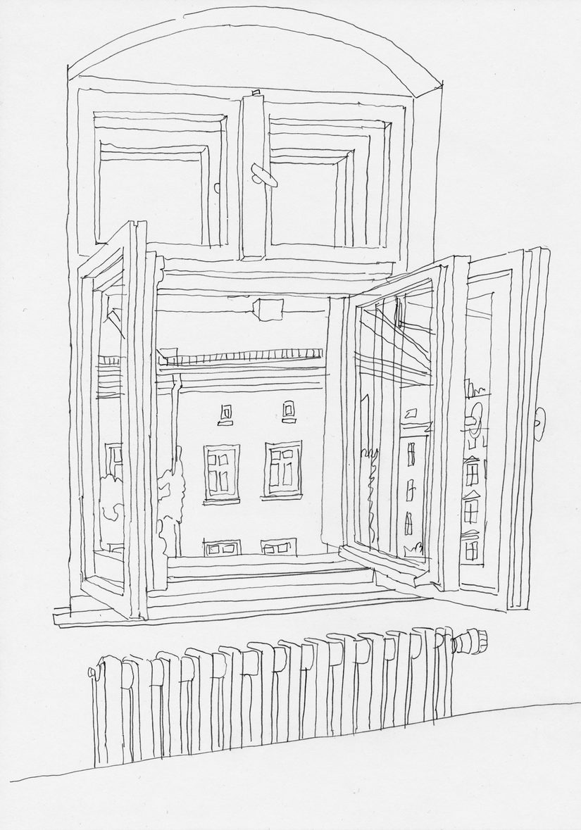 Schwarzweiße Zeichnung einers Fensters mit Blick auf ein weiteres Wohnhaus mit Heizkörper unterhalb.