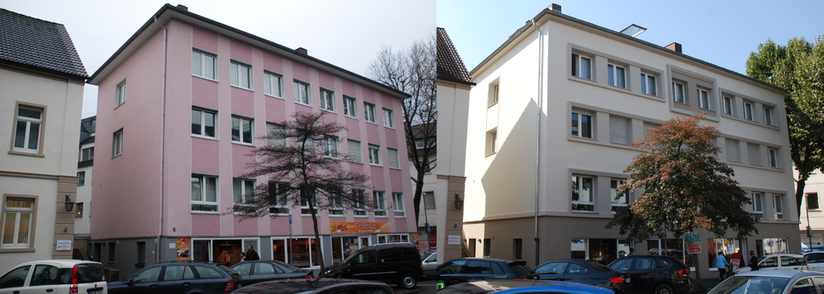 Gebäude vor und nach der Sanierung mit Unterstützung durch das Hof- und Fassadenprogramm