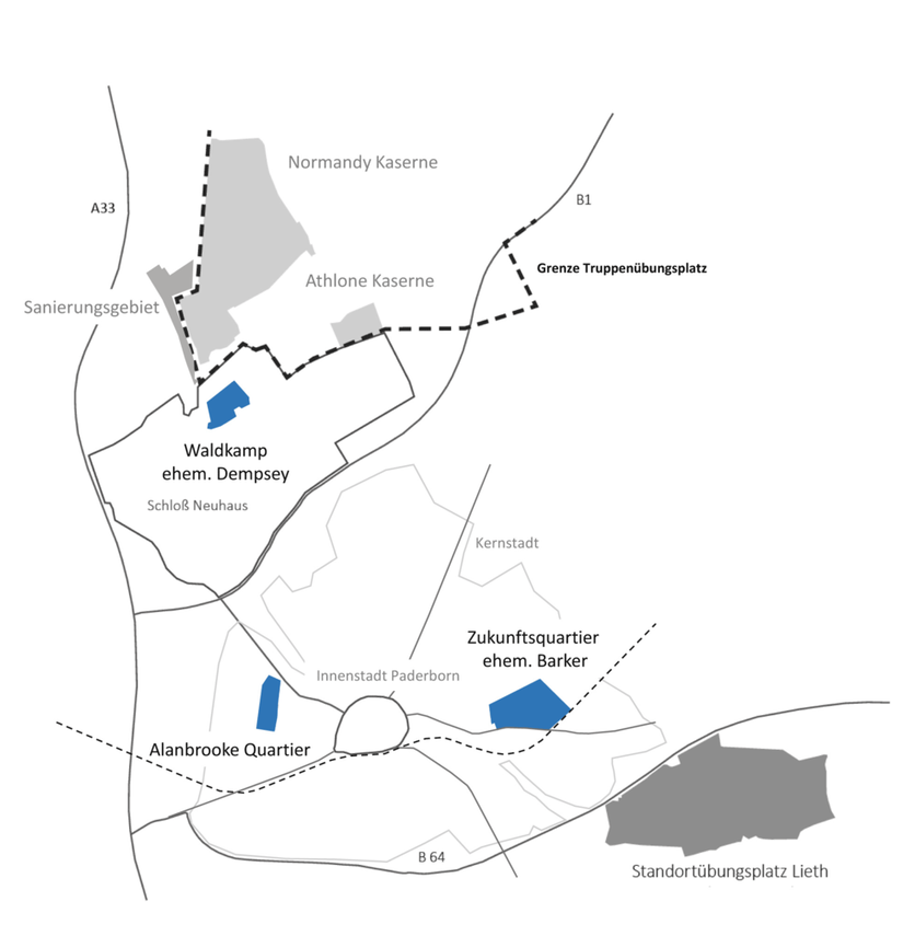 Karte die die Konversionsstandorte im Stadtgebiet darstellt